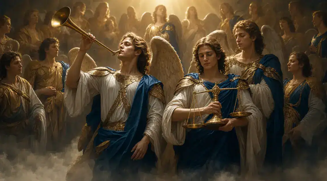 Symbols and images: trumpet, scales, and the angelic assembly